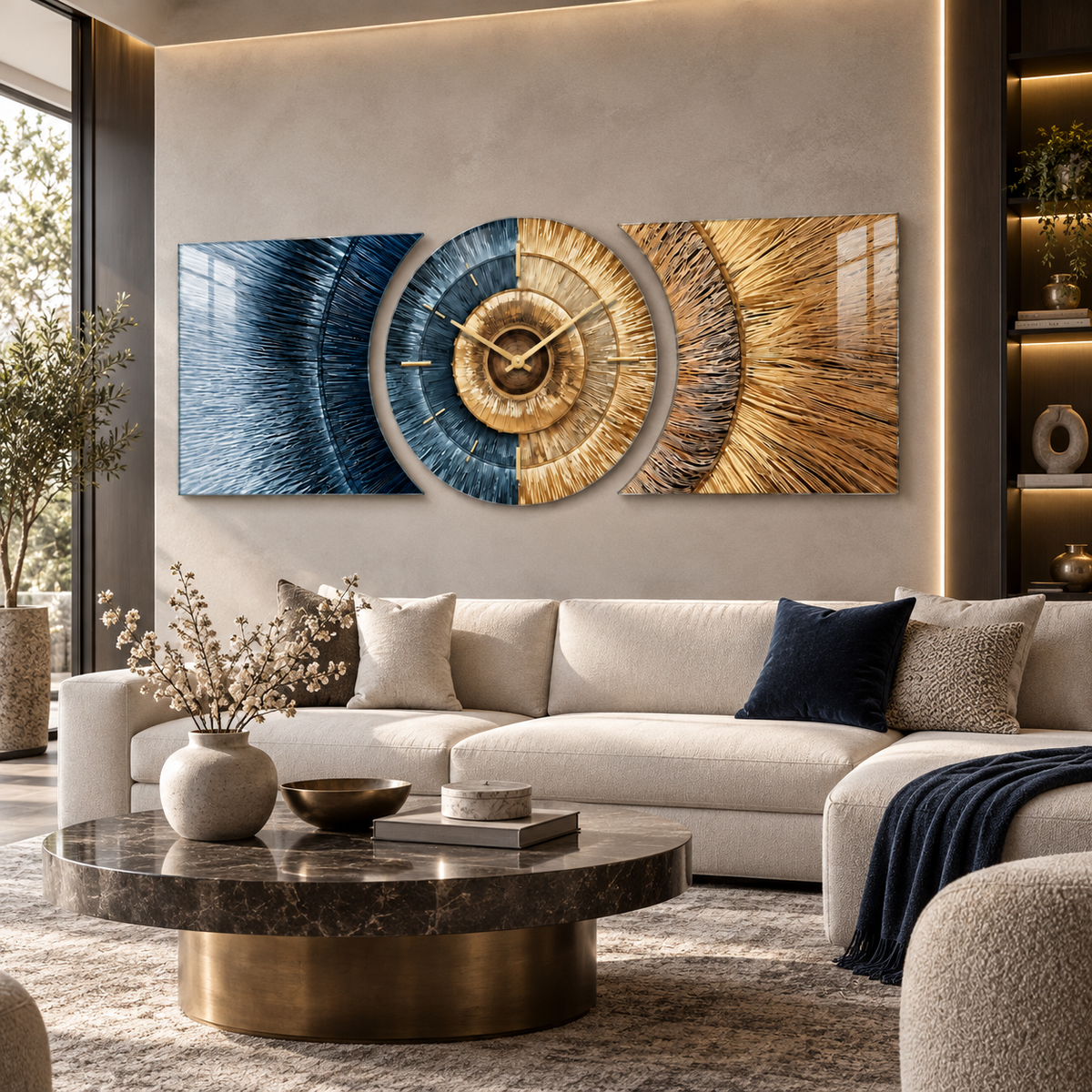 Mavi ve gold dairesel desenli üç parçalı CAMDEKO cam saat seti aydınlık modern salon duvarında