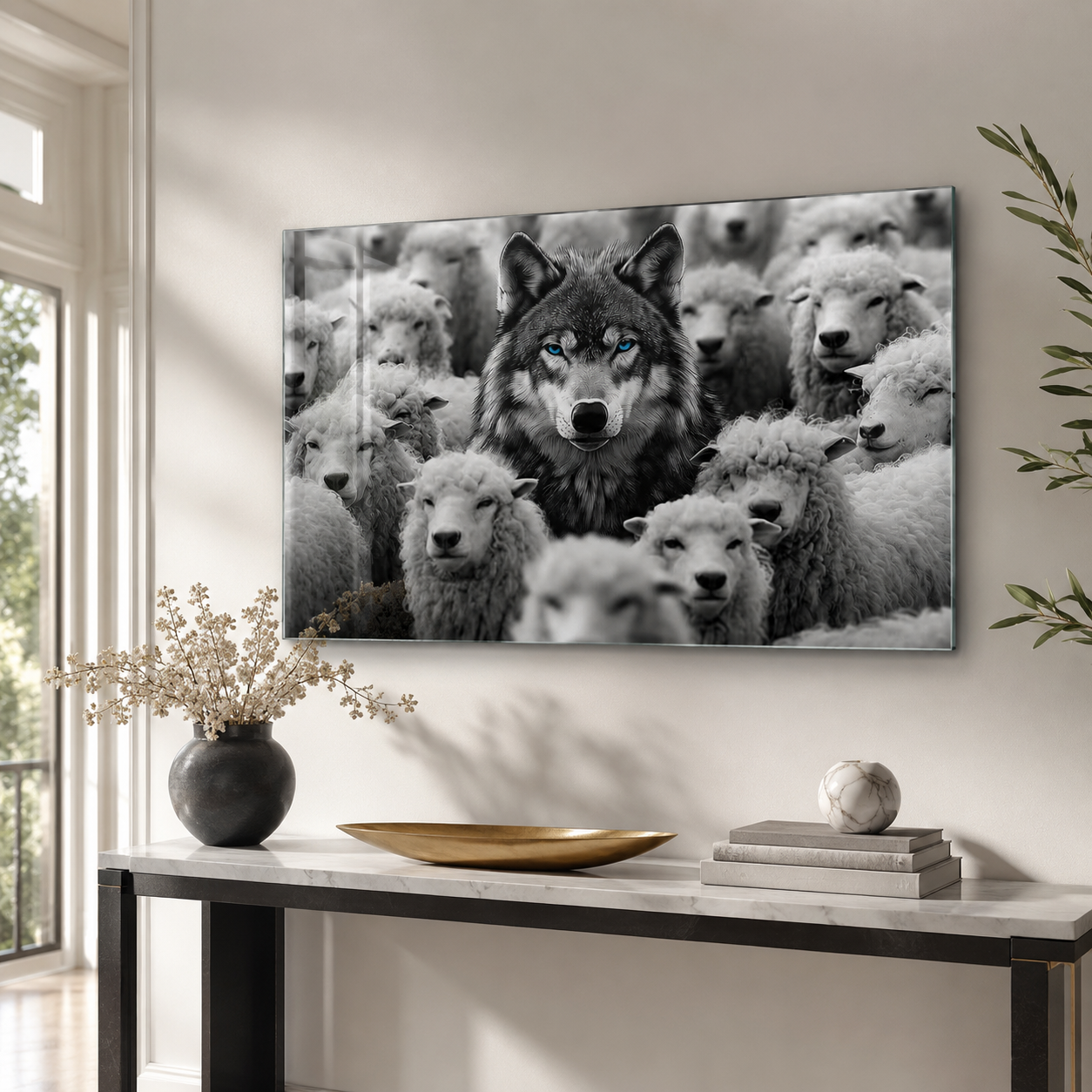 Mavi gözlü kurt ve koyunlar yatay cam tablo antre konsol mockup