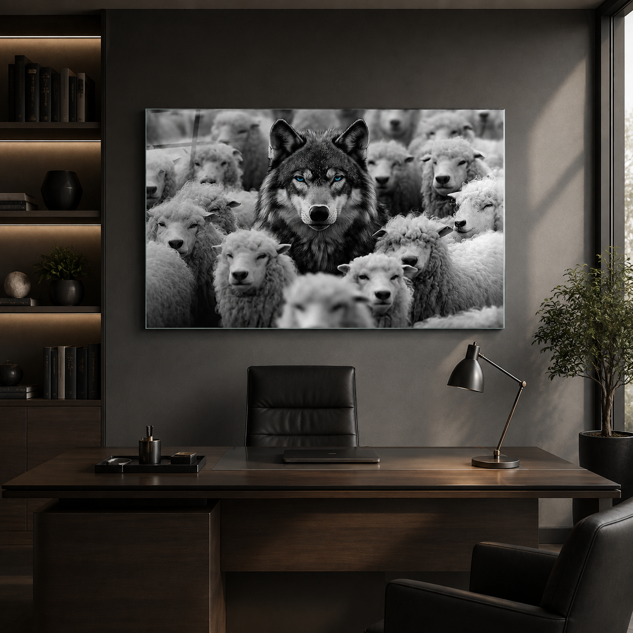 Mavi gözlü kurt ve koyunlar yatay cam tablo modern ofis mockup