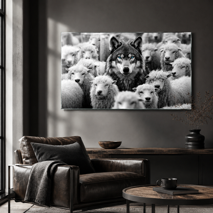 Mavi gözlü kurt ve koyunlar yatay cam tablo modern okuma köşesi mockup