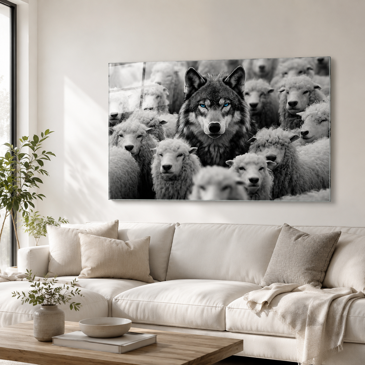 Mavi gözlü kurt ve koyunlar yatay cam tablo modern salon mockup