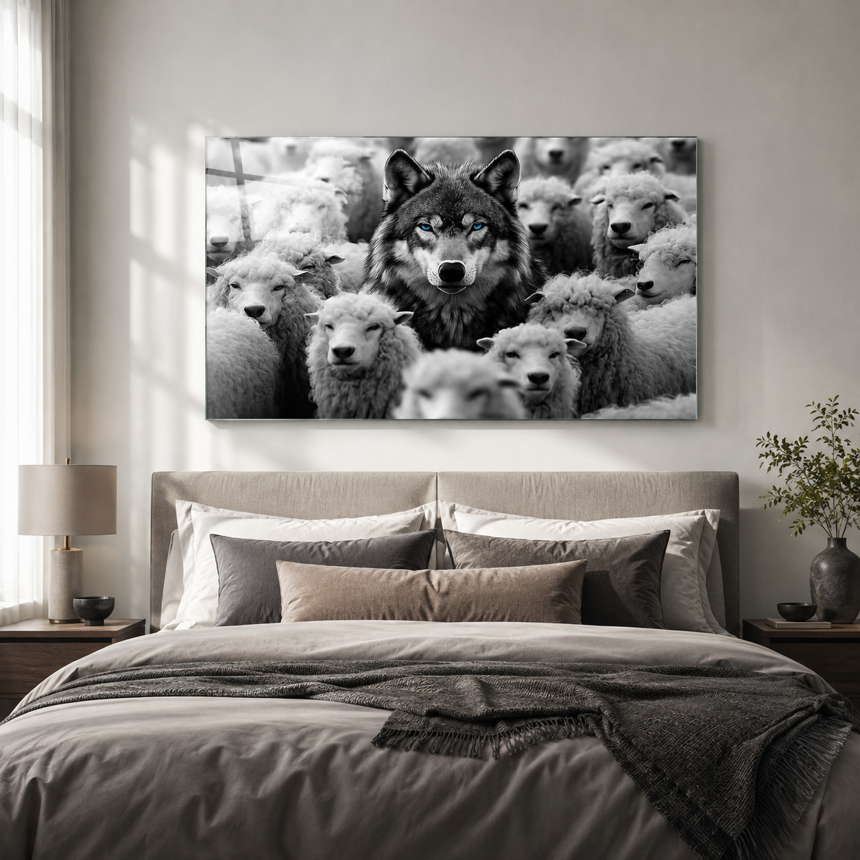 Mavi gözlü kurt ve koyunlar yatay cam tablo yatak odası mockup