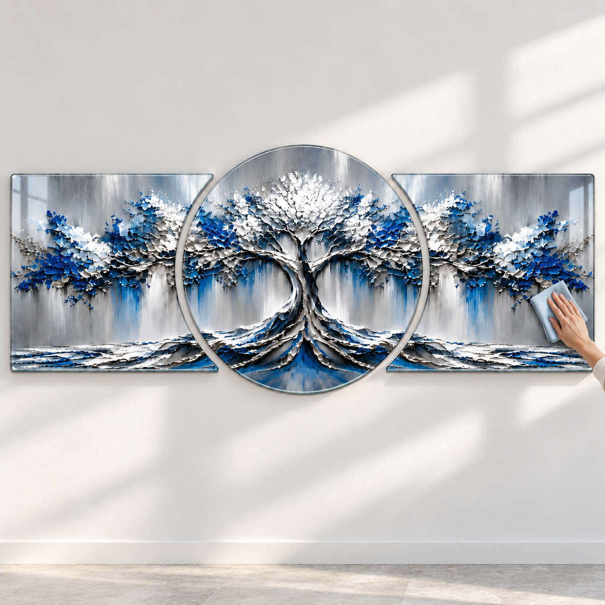Mavi Gümüş Hayat Ağacı Şekilli Kesim Cam Tablo — Kolay temizlik