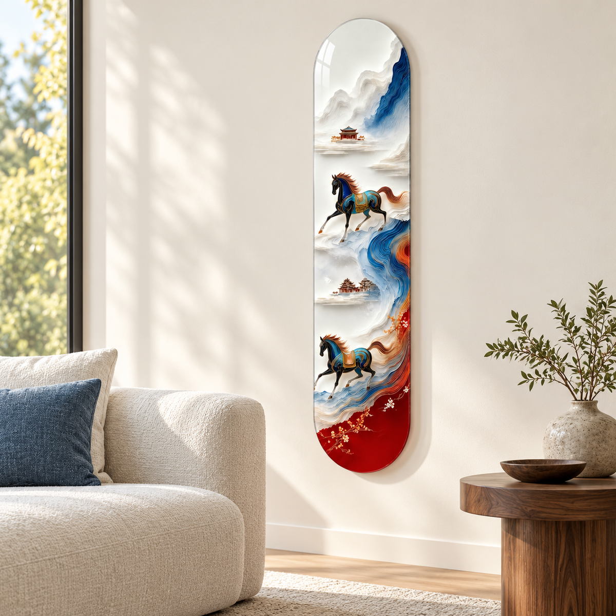 Mavi ve Kırmızı Manzarada Altın Detaylı Atlar Dikey Skate Board Cam Tablo — salon