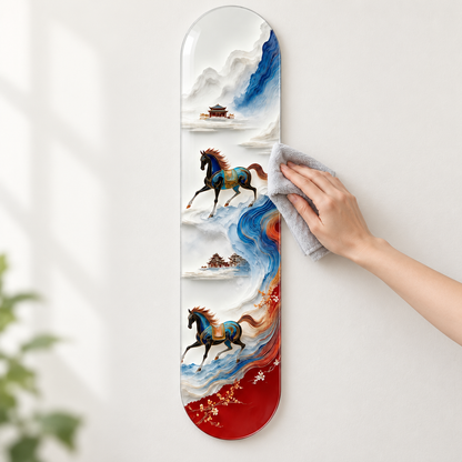 Mavi ve Kırmızı Manzarada Altın Detaylı Atlar Dikey Skate Board Cam Tablo — mikrofiber temizlik