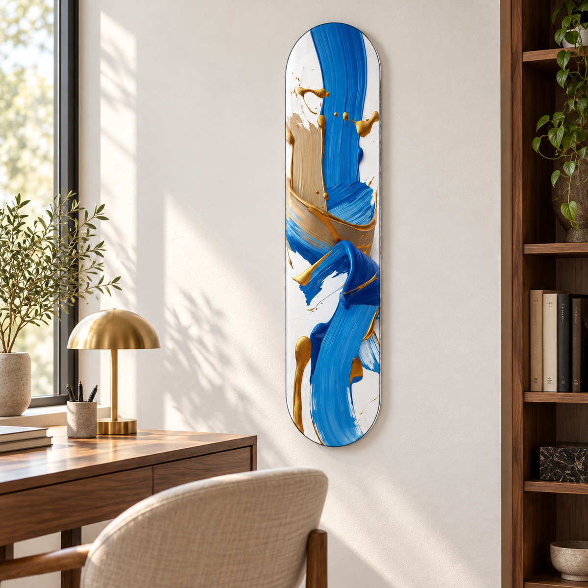 Mavi Krem Altın Akış Dikey Skate Board Cam Tablo – Çalışma odasında görünüm