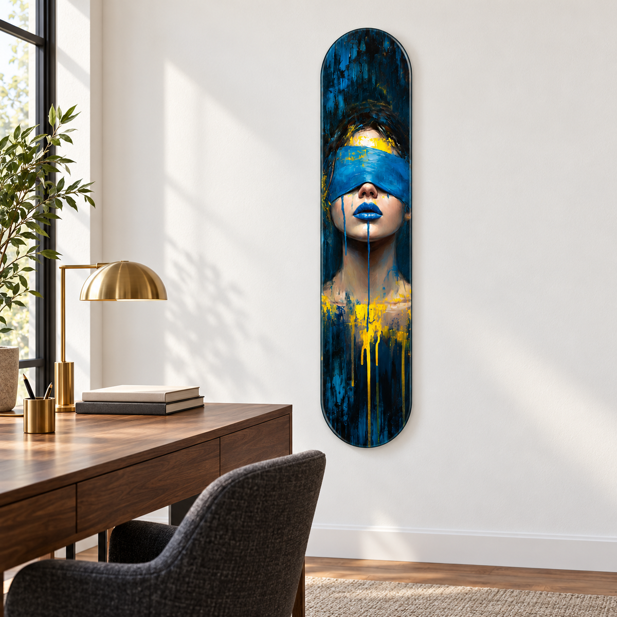 Mavi ve Sarı Soyut Kadın Portresi Dikey Skate Board Cam Tablo – Çalışma odasında görünüm