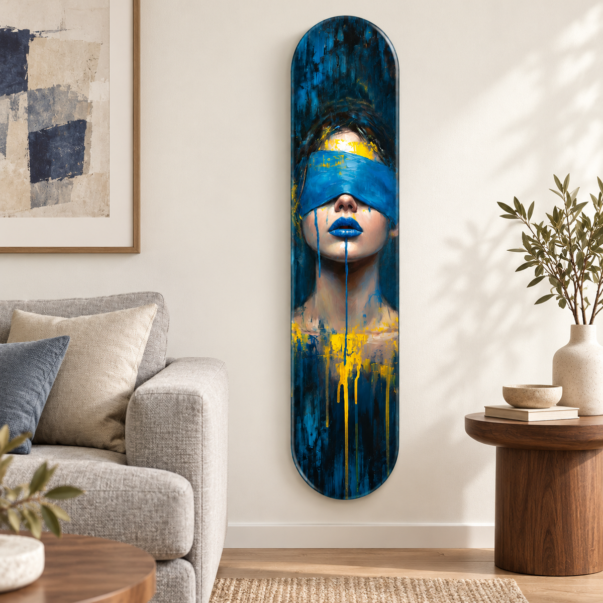 Mavi ve Sarı Soyut Kadın Portresi Dikey Skate Board Cam Tablo – Salonda görünüm