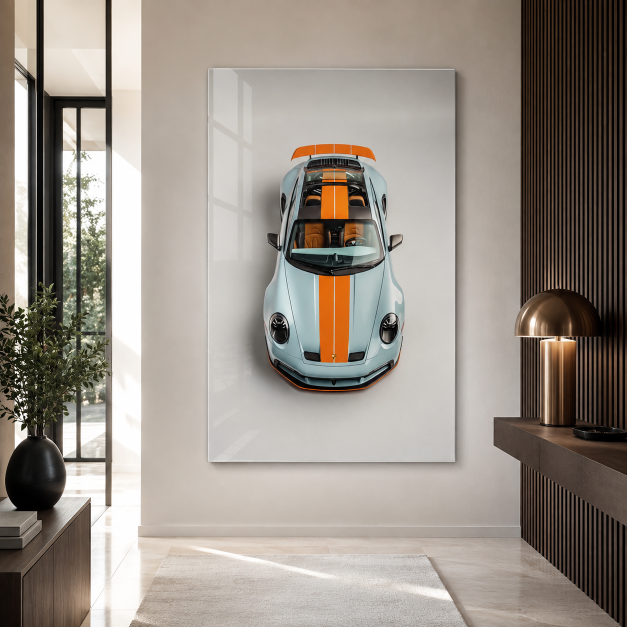 Mavi turuncu spor otomobil dikey cam tablo modern antre mockup
