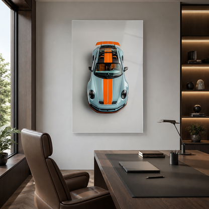 Mavi turuncu spor otomobil dikey cam tablo modern ofis mockup