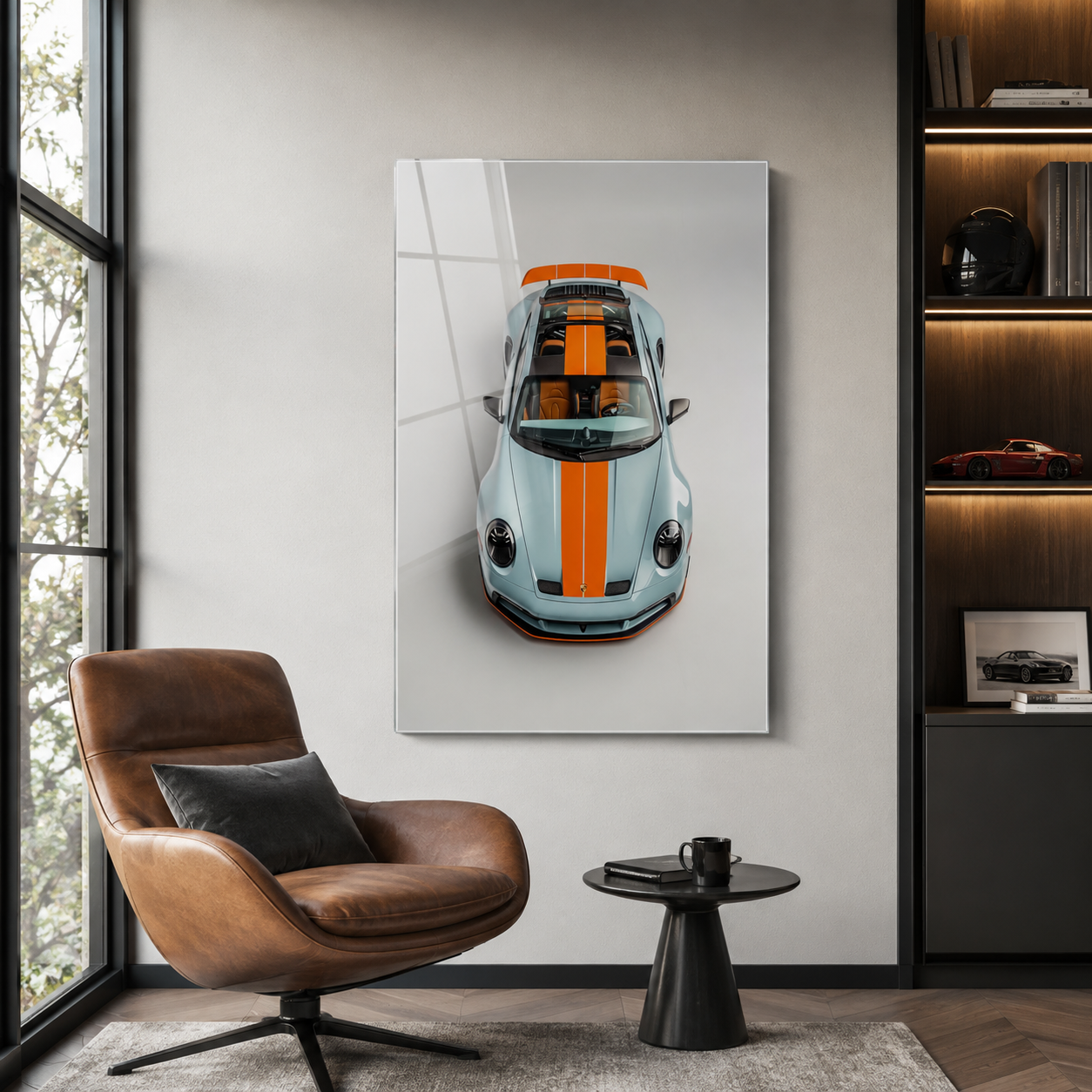 Mavi turuncu spor otomobil dikey cam tablo modern dinlenme ve okuma köşesi mockup