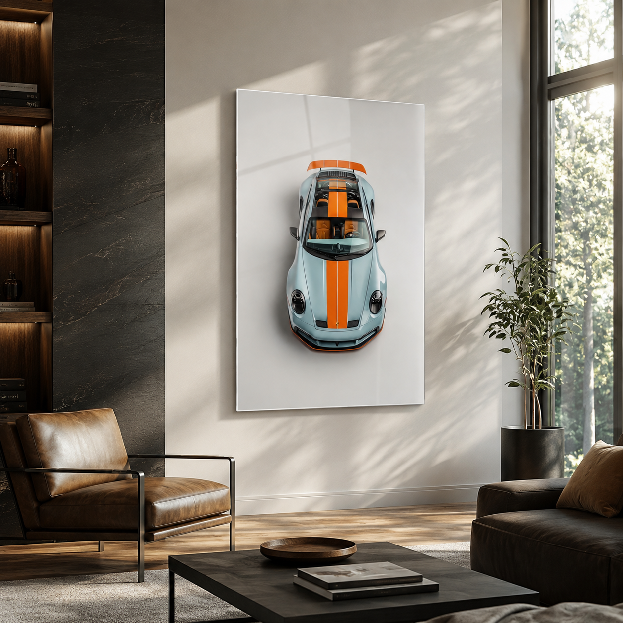 Mavi turuncu spor otomobil dikey cam tablo modern salon mockup