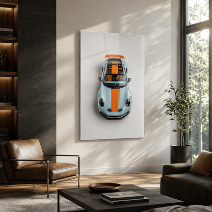 Mavi turuncu spor otomobil dikey cam tablo modern salon mockup