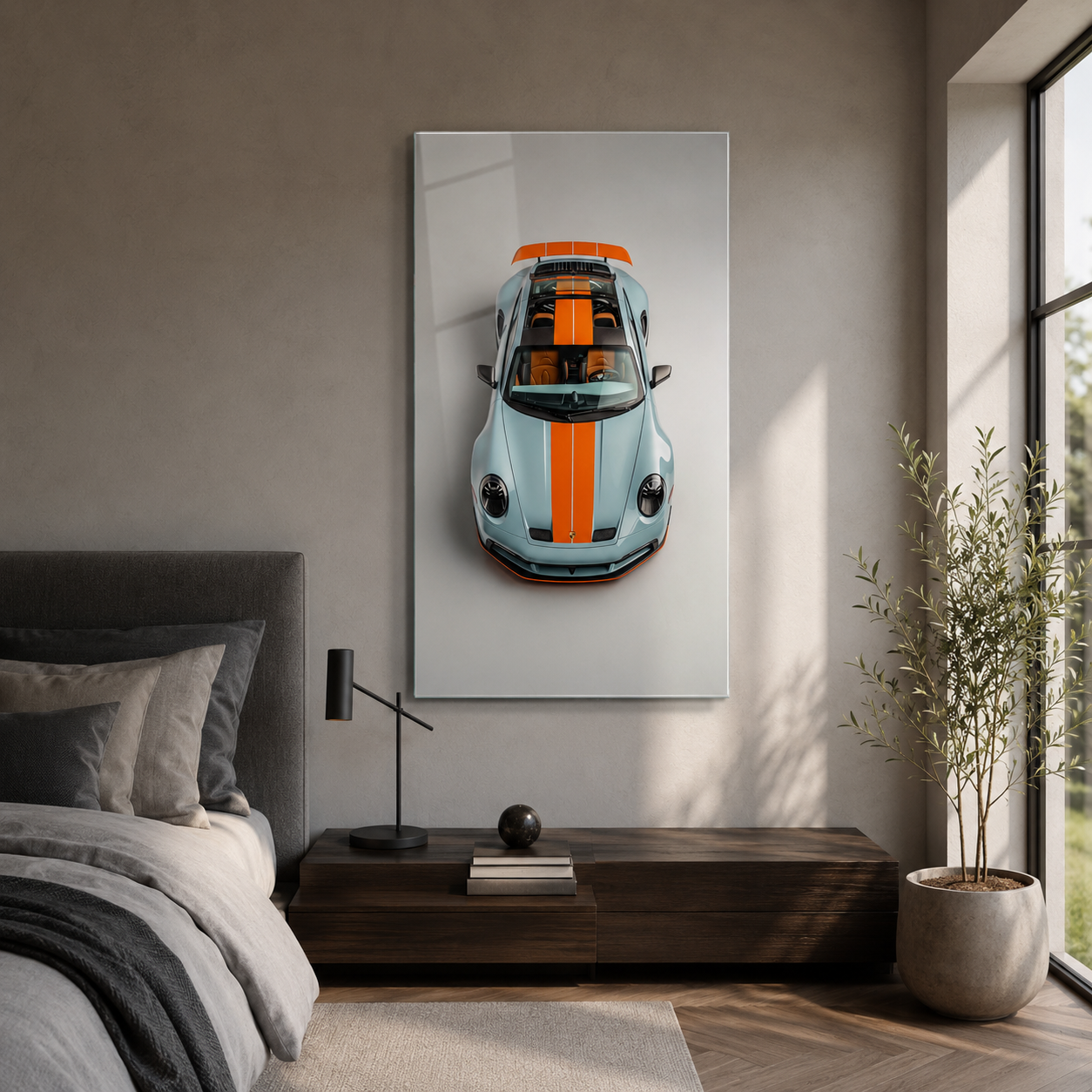 Mavi turuncu spor otomobil dikey cam tablo modern yatak odası mockup