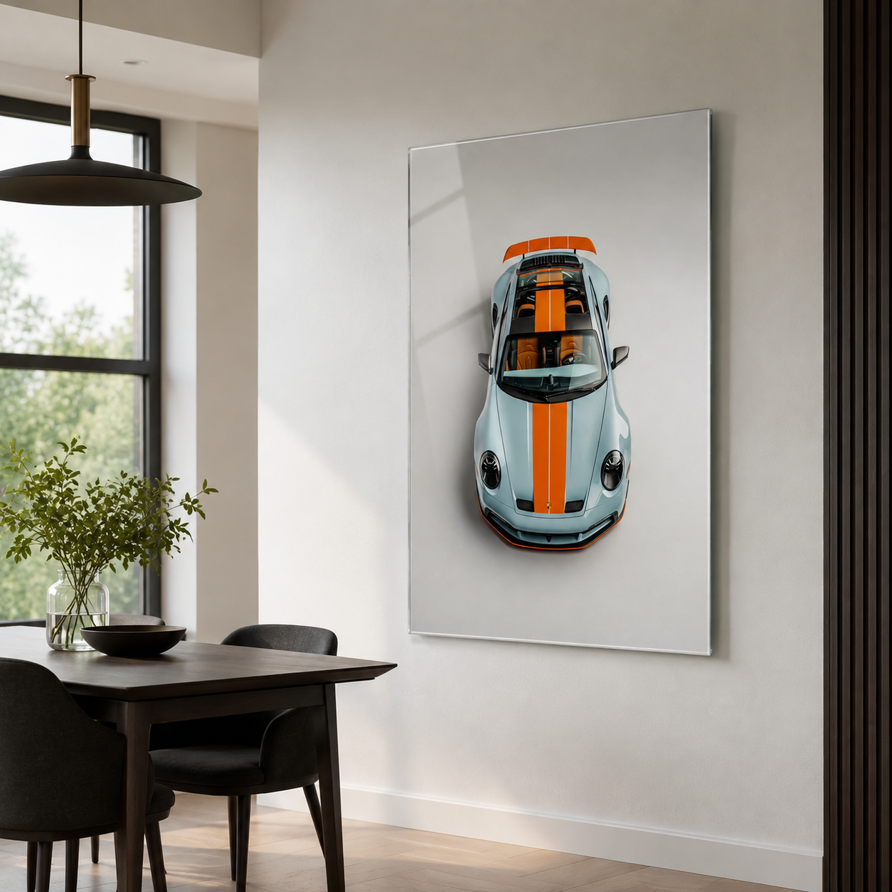 Mavi turuncu spor otomobil dikey cam tablo modern yemek alanı mockup