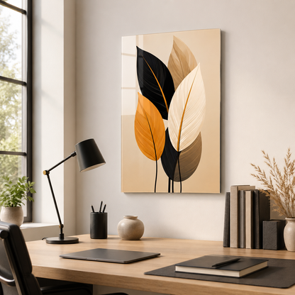 Modern yapraklar dikey cam tablo İskandinav çalışma alanı mockup