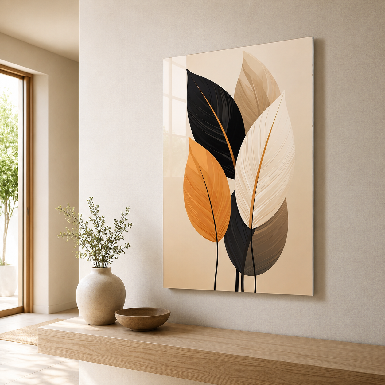 Modern yapraklar dikey cam tablo minimalist konsol alanı mockup