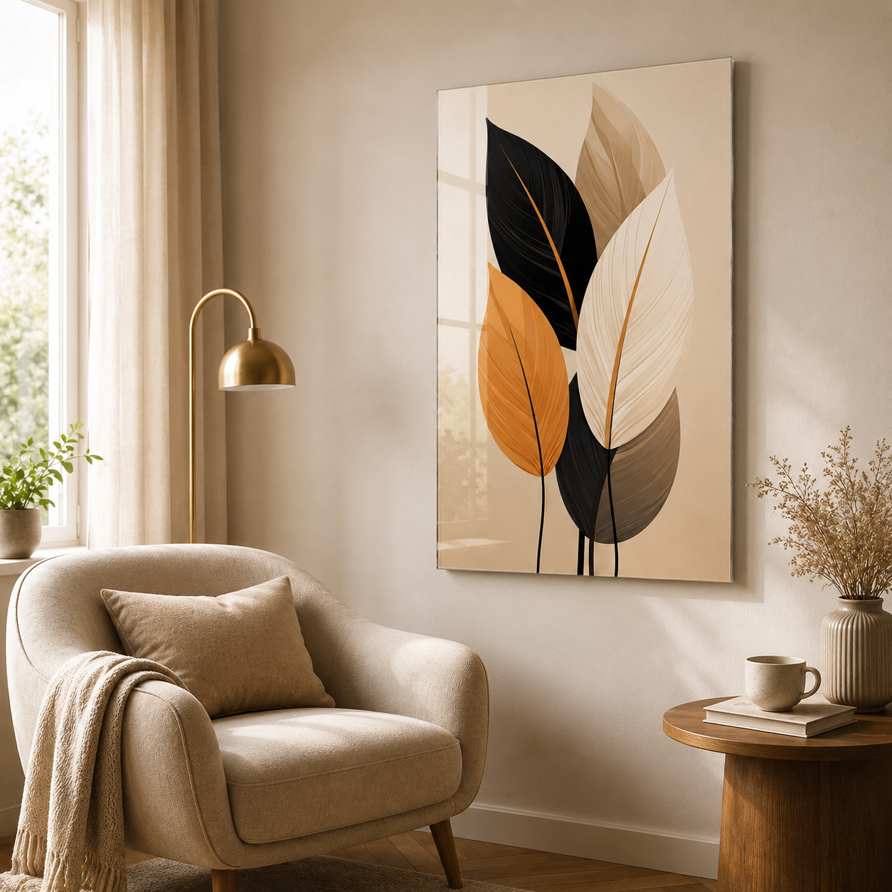 Modern yapraklar dikey cam tablo güneşli minimalist okuma köşesi mockup