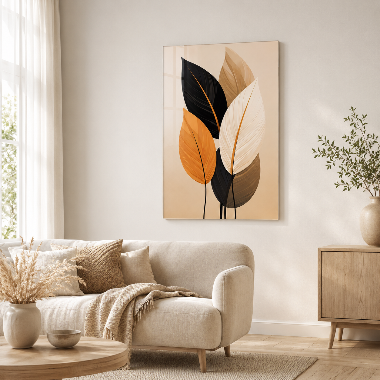 Modern yapraklar dikey cam tablo sıcak minimalist salon mockup