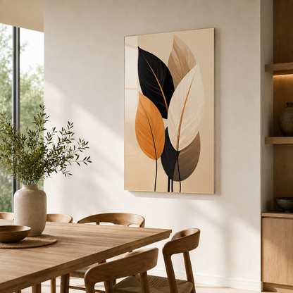 Modern yapraklar dikey cam tablo İskandinav yemek alanı mockup