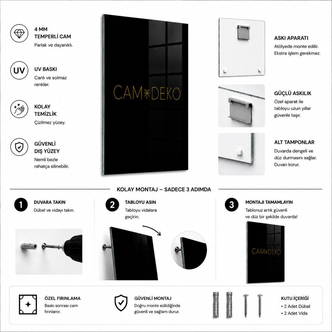 CAMDEKO 4 mm temperli cam, UV baskı ve montaj bilgileri