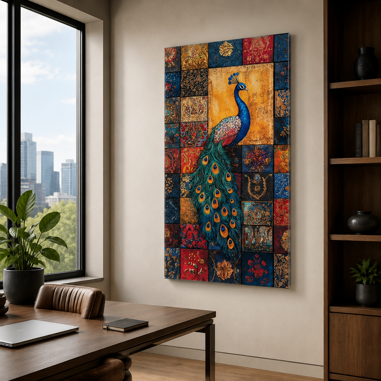 Mozaik desenli tavus kuşu dikey cam tablo modern ofis mockup