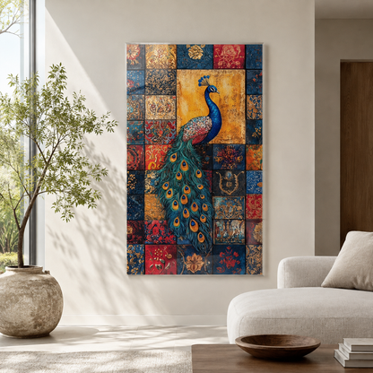 Mozaik desenli tavus kuşu dikey cam tablo modern salon mockup
