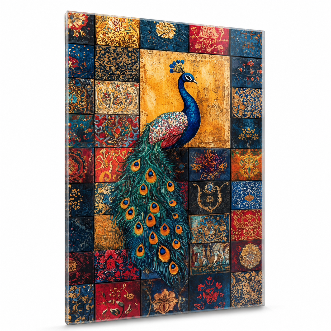 Mozaik desenli tavus kuşu dikey cam tablo beyaz zeminde sol açı