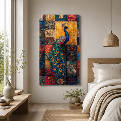 Mozaik desenli tavus kuşu dikey cam tablo modern yatak odası mockup