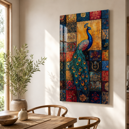 Mozaik desenli tavus kuşu dikey cam tablo modern yemek alanı mockup