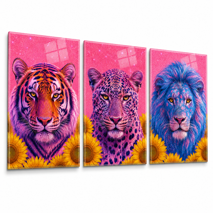 Neon kaplan leopar aslan üçlü cam tablo seti beyaz fon ürün görseli