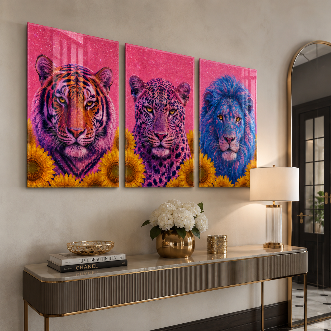 Neon kaplan leopar aslan üçlü cam tablo antre konsol mockup