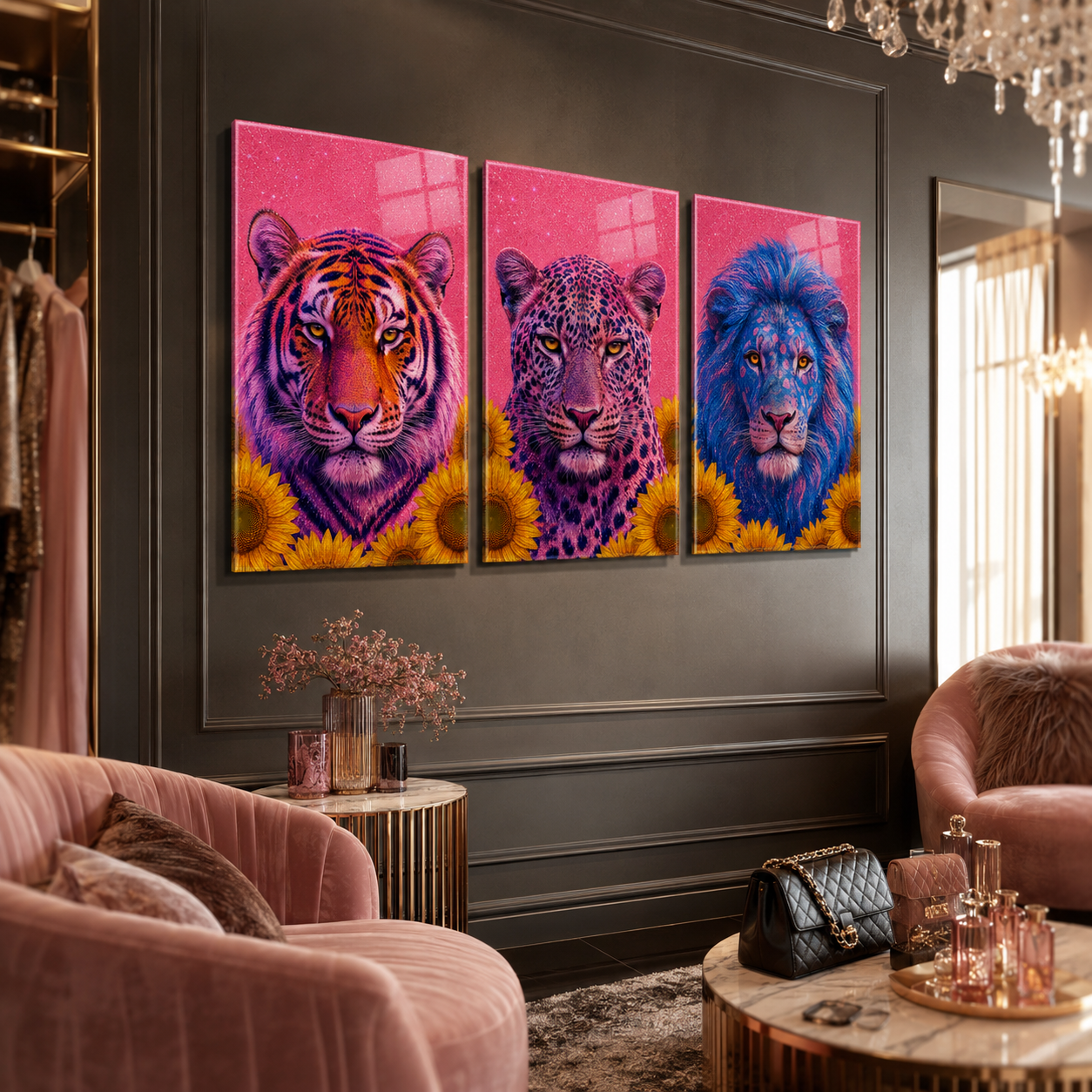 Neon kaplan leopar aslan üçlü cam tablo lüks glamour mekan mockup