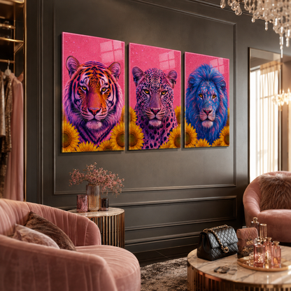 Neon kaplan leopar aslan üçlü cam tablo lüks glamour mekan mockup