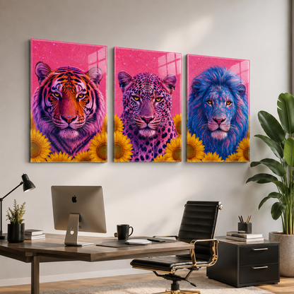 Neon kaplan leopar aslan üçlü cam tablo modern ofis mockup
