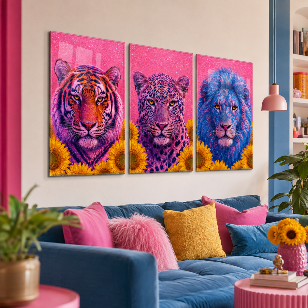 Neon kaplan leopar aslan üçlü cam tablo renkli modern salon mockup