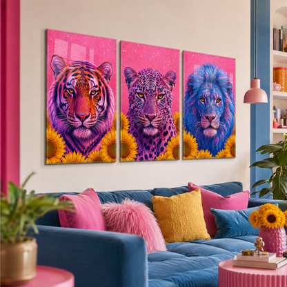 Neon kaplan leopar aslan üçlü cam tablo renkli modern salon mockup