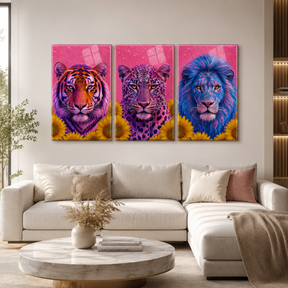 Neon kaplan leopar aslan üçlü cam tablo modern salon mockup