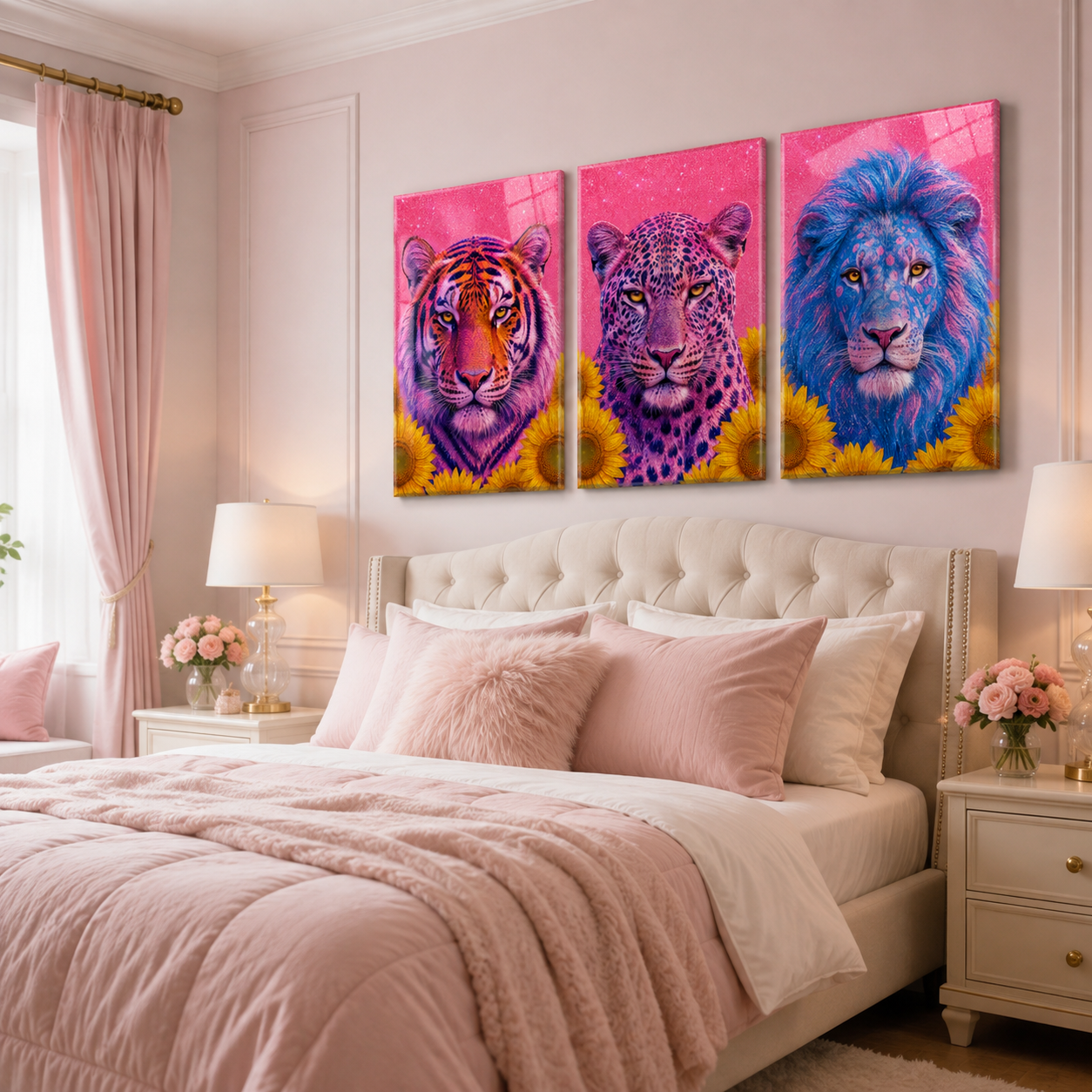 Neon kaplan leopar aslan üçlü cam tablo yatak odası mockup