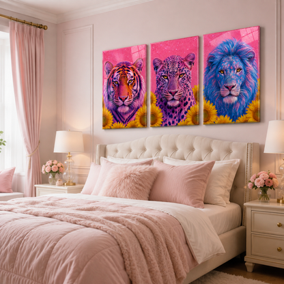Neon kaplan leopar aslan üçlü cam tablo yatak odası mockup
