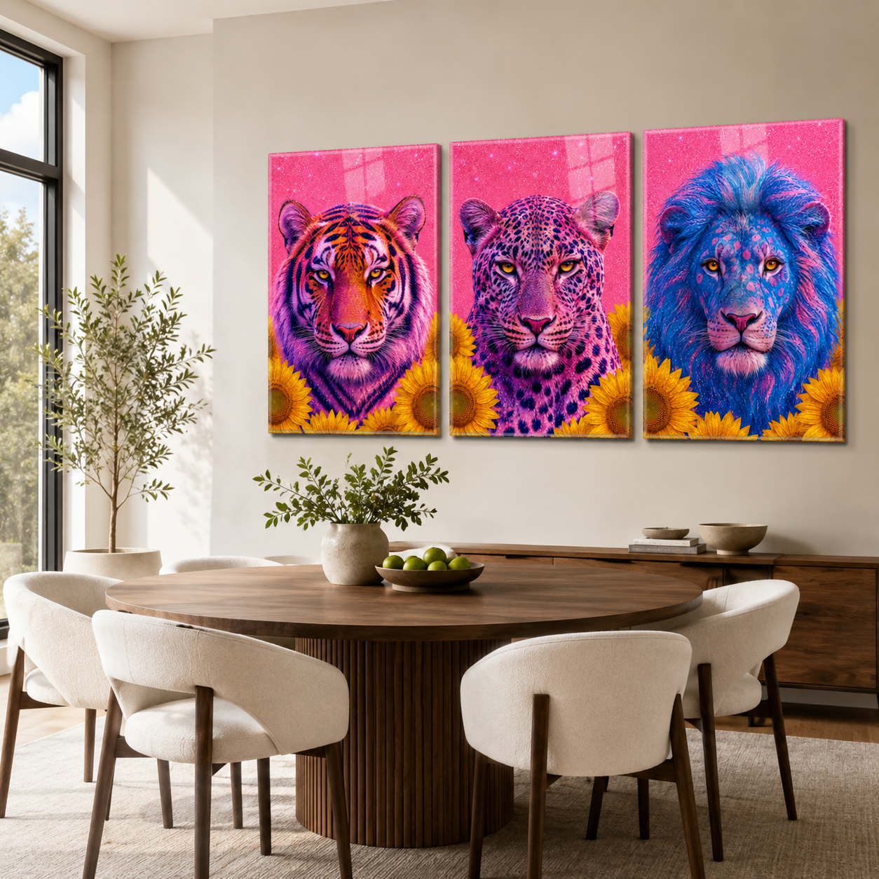 Neon kaplan leopar aslan üçlü cam tablo modern yemek odası mockup