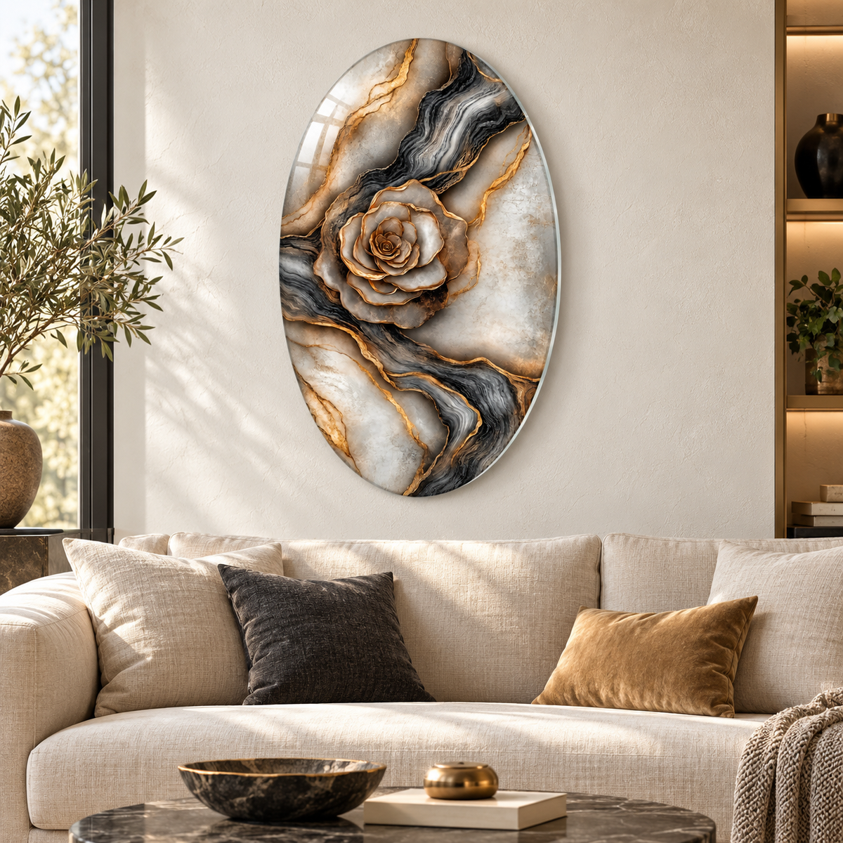 Altın Damarlı Antrasit Gül Dikey Oval Cam Tablo - Salon