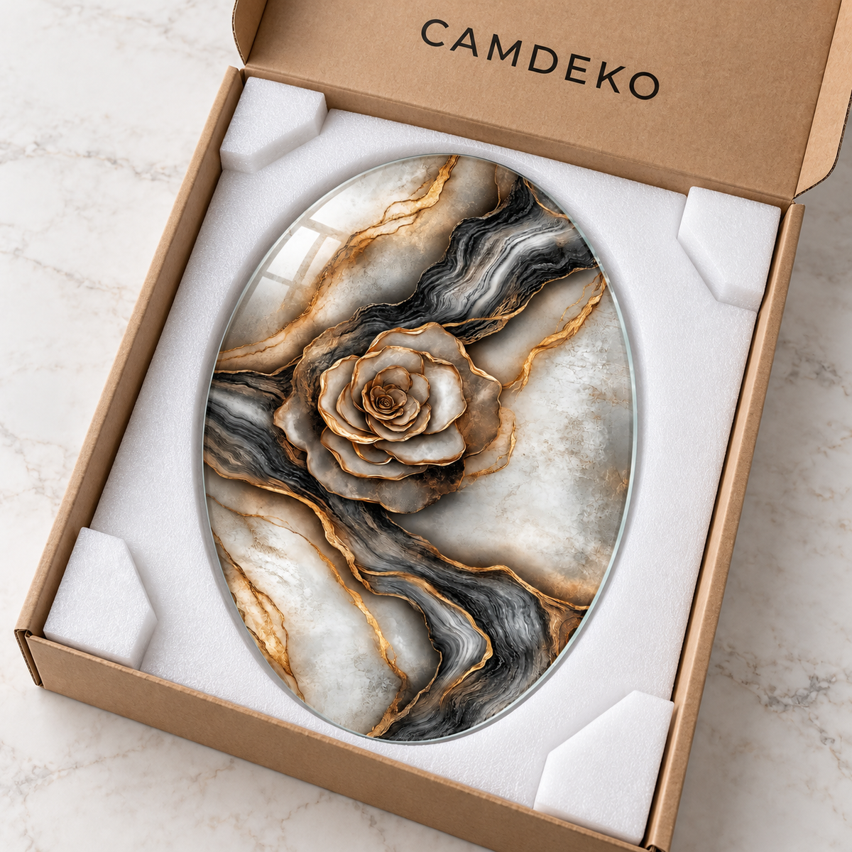Altın Damarlı Antrasit Gül Dikey Oval Cam Tablo - Koruyucu paketleme