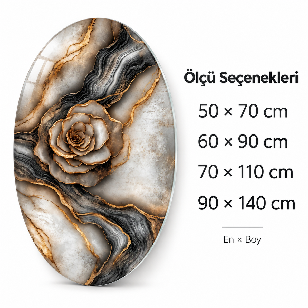 Altın Damarlı Antrasit Gül Dikey Oval Cam Tablo - Ölçü seçenekleri