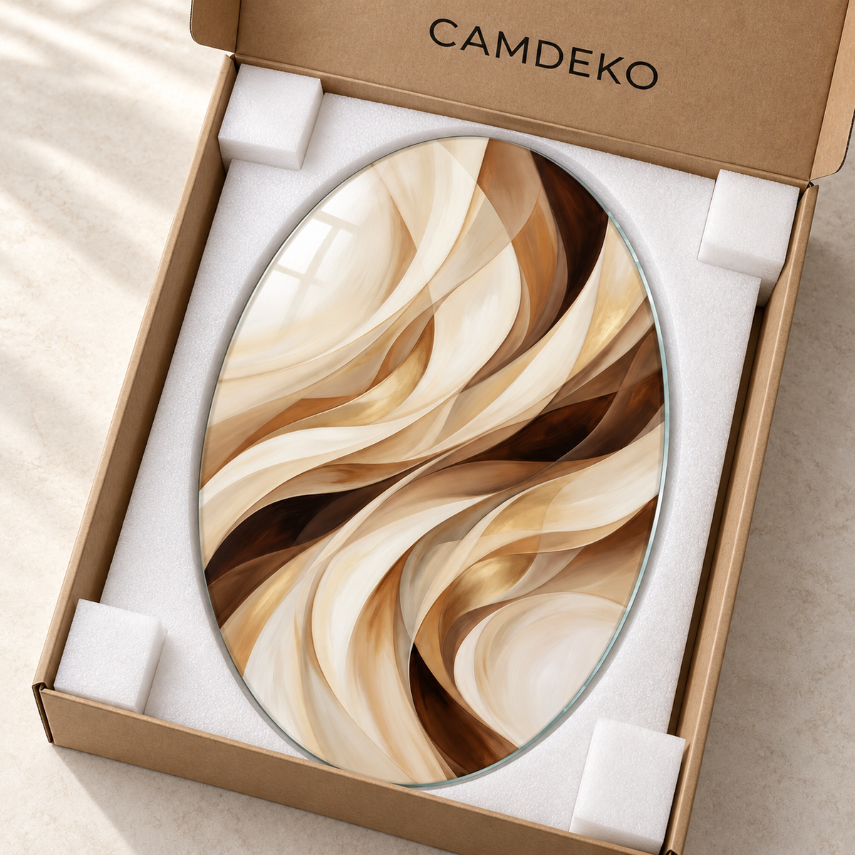 Krem ve Karamel Akış Dikey Oval Cam Tablo - Koruyucu paketleme