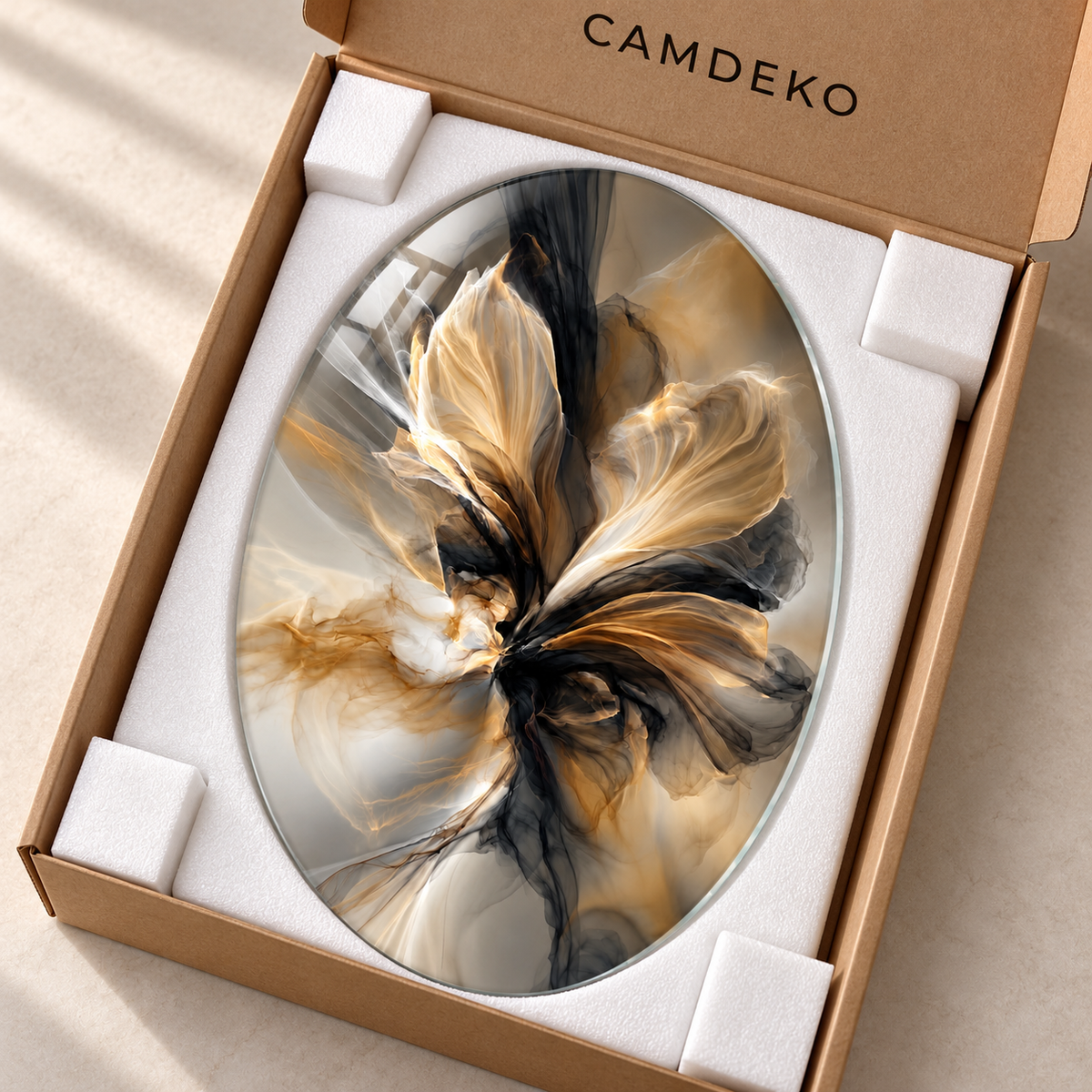 Dumanlı Altın Çiçek Dikey Oval Cam Tablo - Koruyucu paketleme