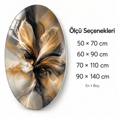 Dumanlı Altın Çiçek Dikey Oval Cam Tablo - Ölçü seçenekleri