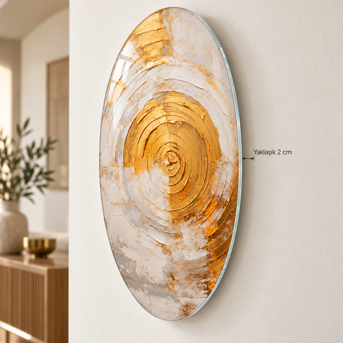 Altın Spiral Dikey Oval Cam Tablo - Duvardan yaklaşık 2 cm yüzer görünüm