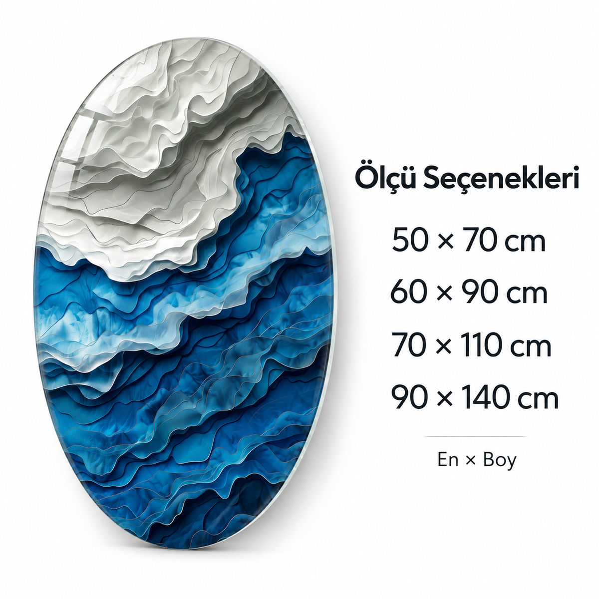 Mavi ve Beyaz Dalgalar Dikey Oval Cam Tablo - Ölçü seçenekleri