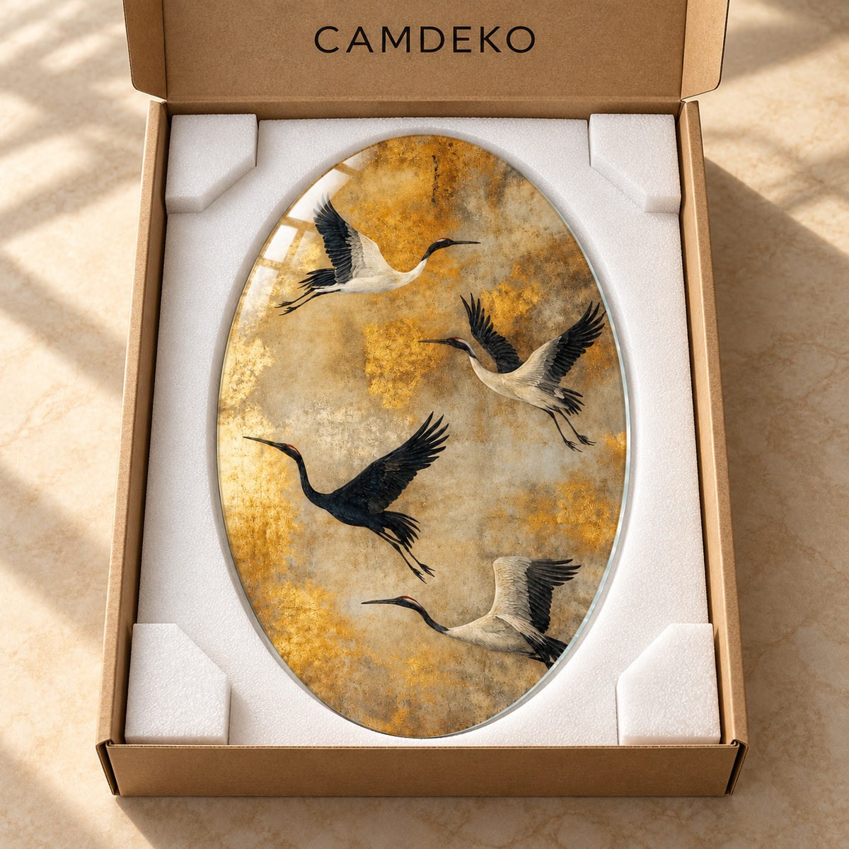 Altın Zeminde Turnalar Dikey Oval Cam Tablo - Koruyucu paketleme